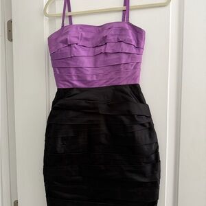 BCBGMaxAzria Purple and Black Strapless Pleated Bandage Mini Dress